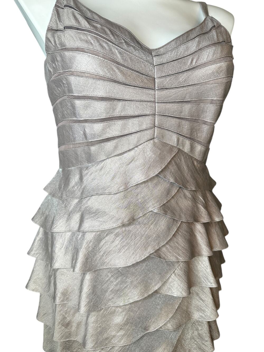 Adrianna Papell Occasions Tiered Ruffle Evening Dress 14W Champagne Formal Gown